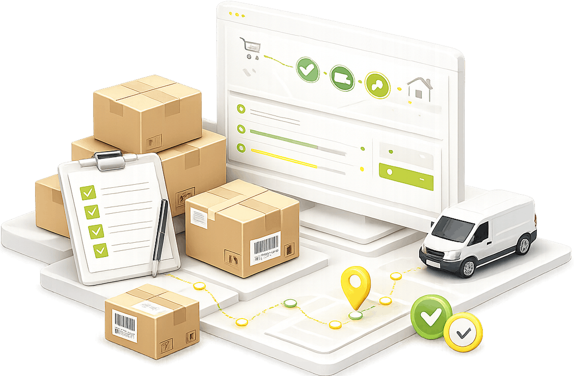 Ecommerce Order Fulfilment Services - parcels and a picking checklist beside a tracking dashboard showing an order moving