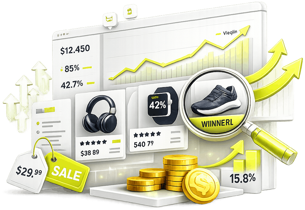 Margin Trend and Candidate Products | Ecommerce Product Research Services Ecommerce Product Research Services - a margin trend chart, candidate products under a magnifier