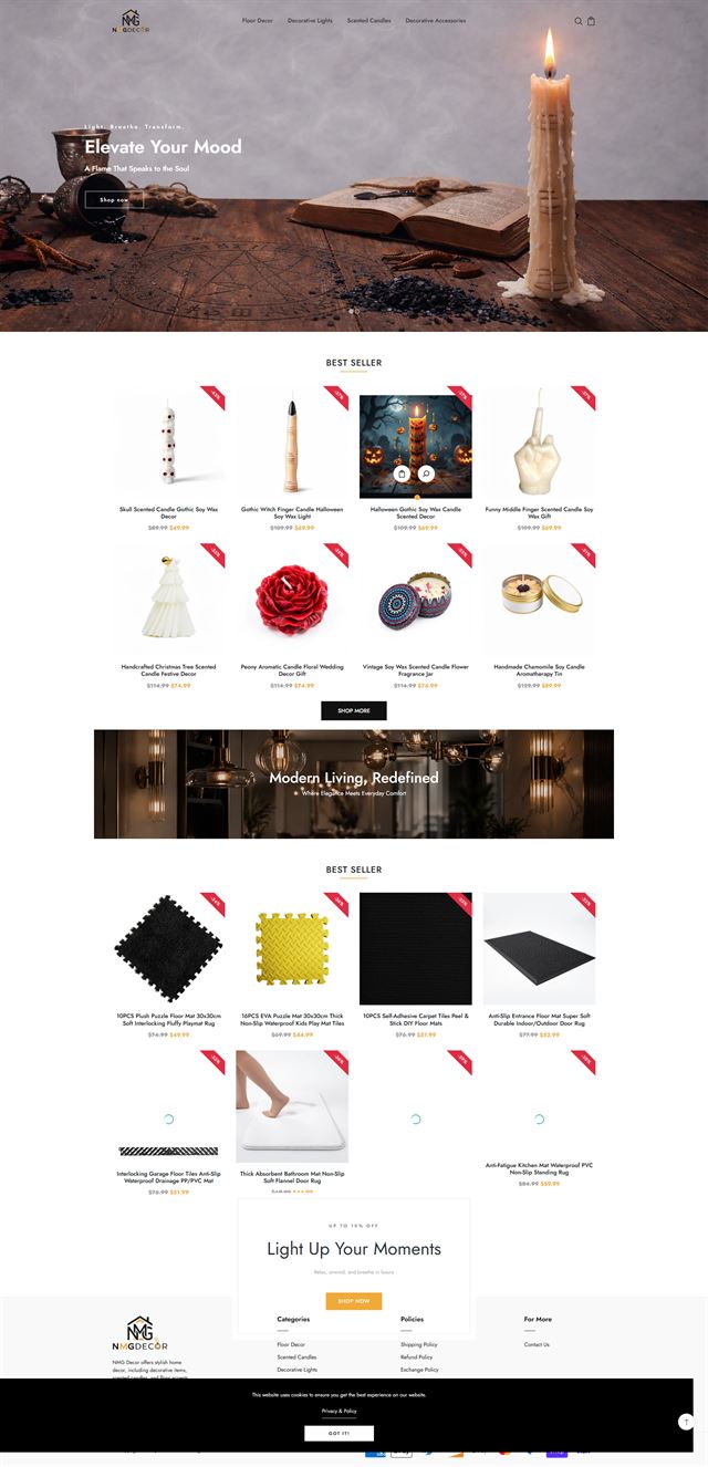 Shopify Store Development - a full-page storefront for a home decor brand with a candlelit hero