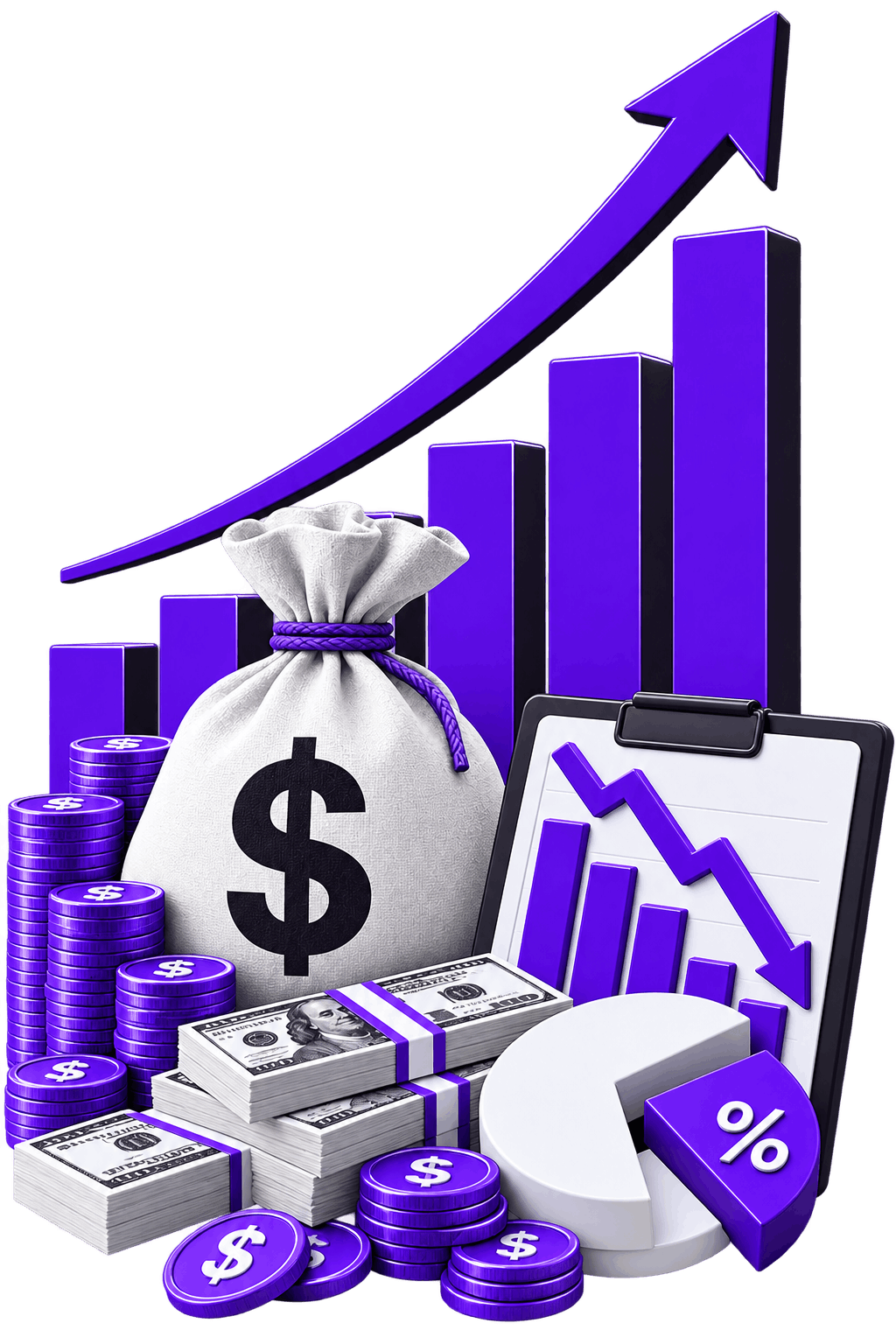 Ecommerce Profit Margins - a rising arrow over a climbing bar chart with a money bag and coins