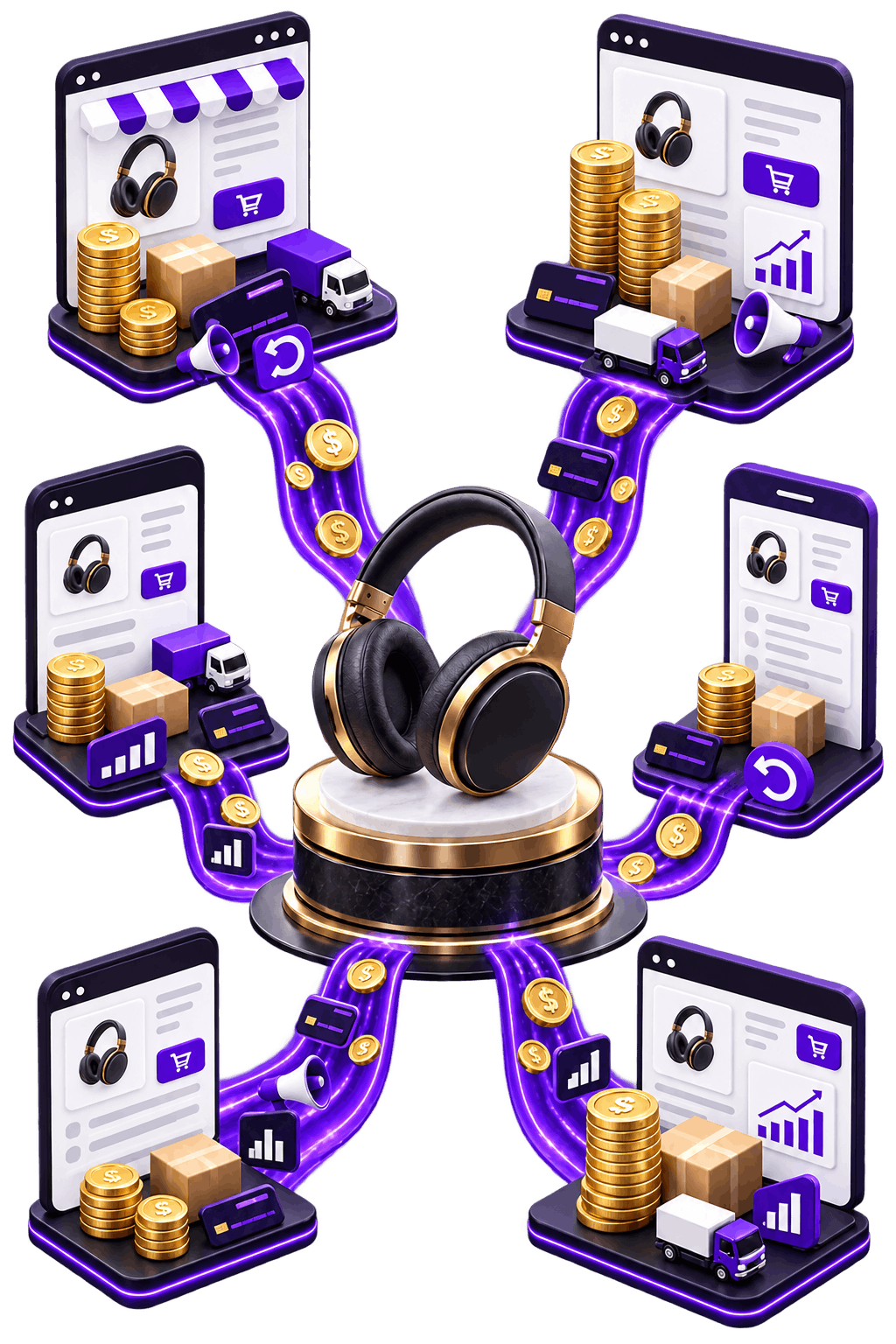 Ecommerce Profit Margins - a single pair of headphones with routes to marketplace, storefront and mobile listings