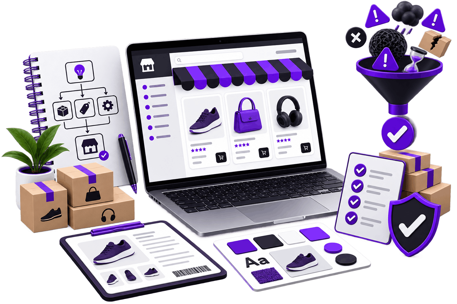 Online Store Management Service - a laptop storefront beside a notebook mapping store structure